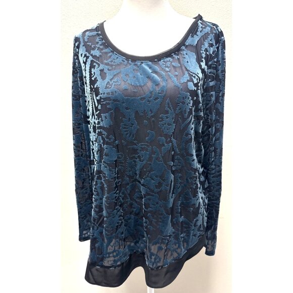 Simply Vera Wang Burnt Out Velvet Chiffon Tunic Blouse Blue Black Trim Pm Gothic - Picture 1 of 15
